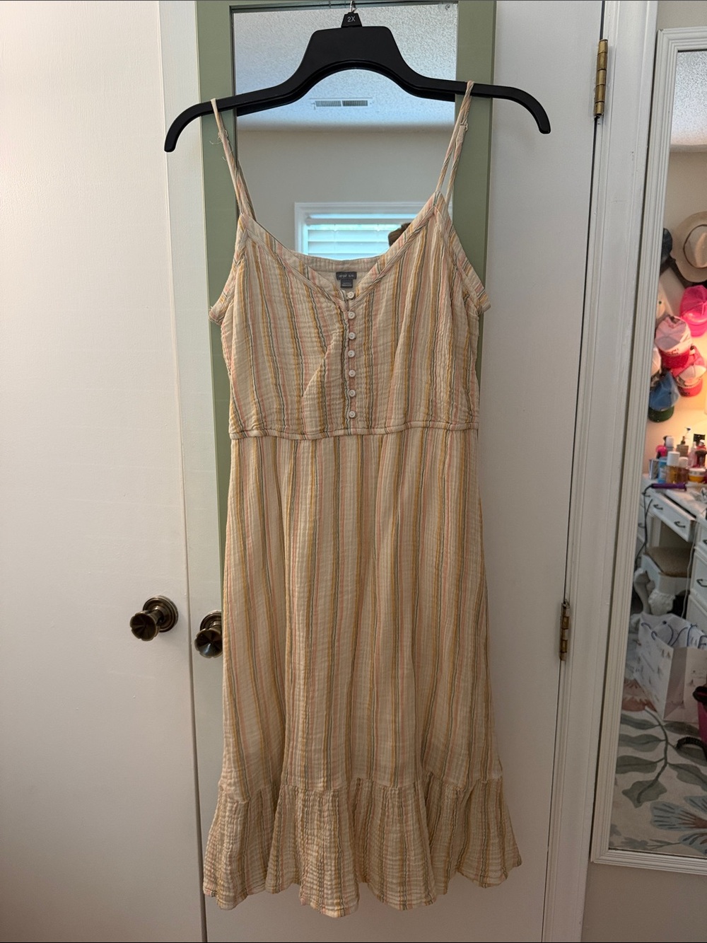 Aerie Light Yellow Striped Spaghetti Strap Midi Dress